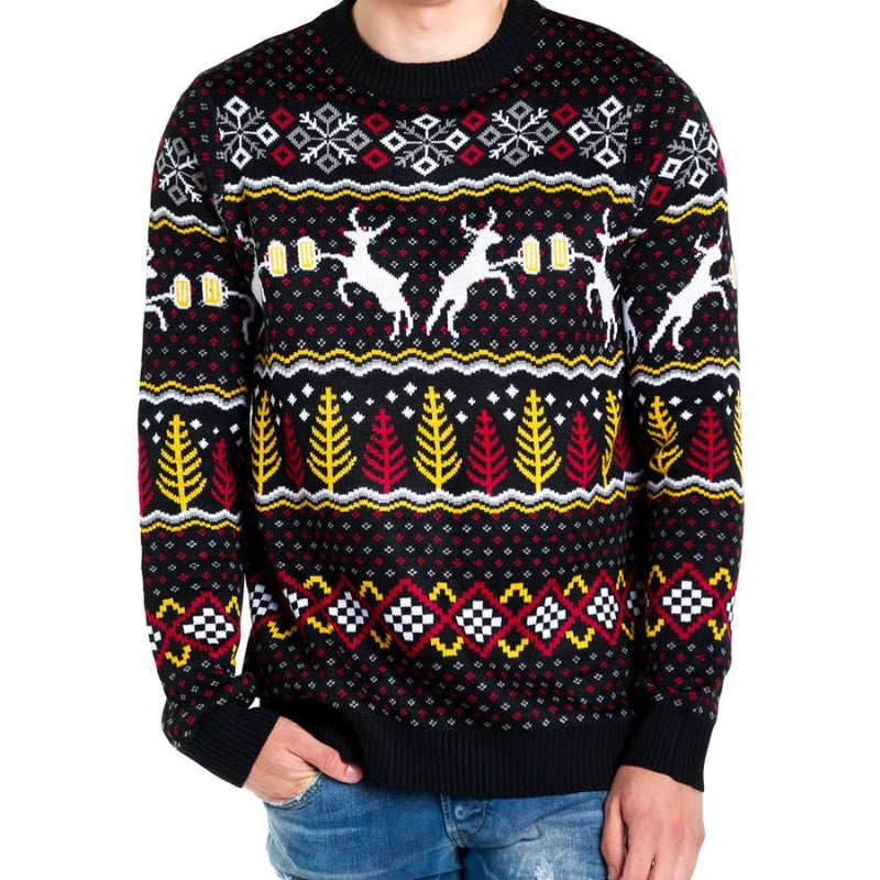 Front view of a person wearing a custom Fair Isle Christmas sweater featuring a playful Deer with Beer design in black with red, yellow, and white festive patterns.