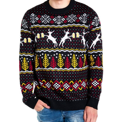 Front view of a person wearing a custom Fair Isle Christmas sweater featuring a playful Deer with Beer design in black with red, yellow, and white festive patterns.