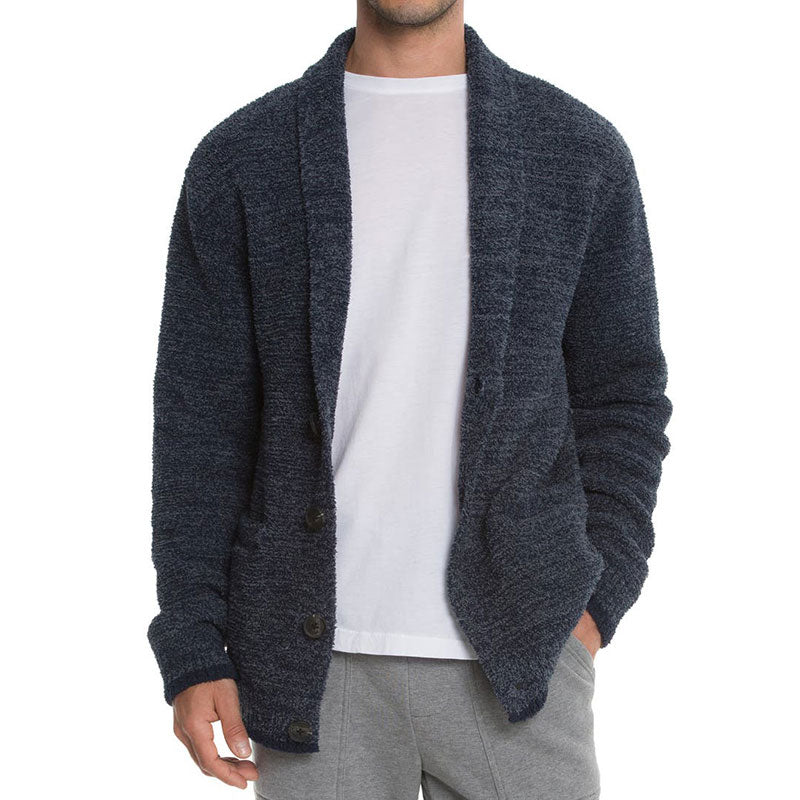 Front view of custom man cardigan sweater with shawl collar in solid knit, ideal for OEM/ODM orders