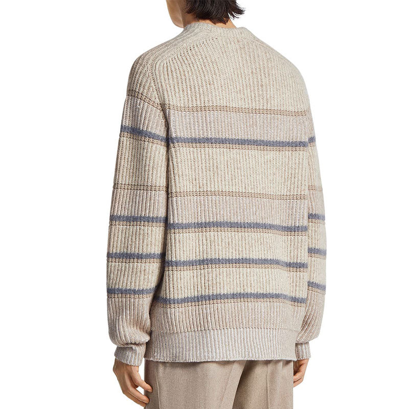 Back view of custom cashmere striped knit pullover sweater in beige and grey