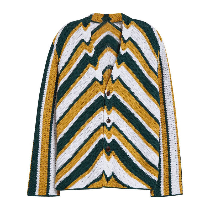 Isolated view of a custom stripe cardigan with green, mustard, and white stripes.