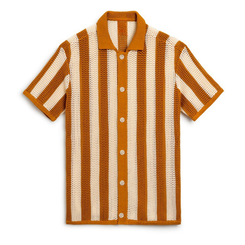 Men's custom striped crochet knit polo shirt in cream and orange, short sleeve