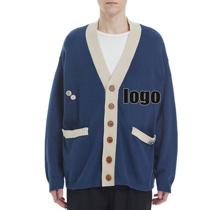 Blue 100% cotton varsity cardigan with V-neck and custom logo, front view.