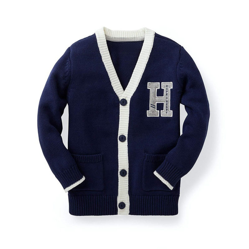 A navy blue varsity cardigan with white trim and buttons, featuring a large "H" on the left chest. The cardigan is made of 100% cotton, showcasing a custom Greek design ideal for fraternities or sororities.