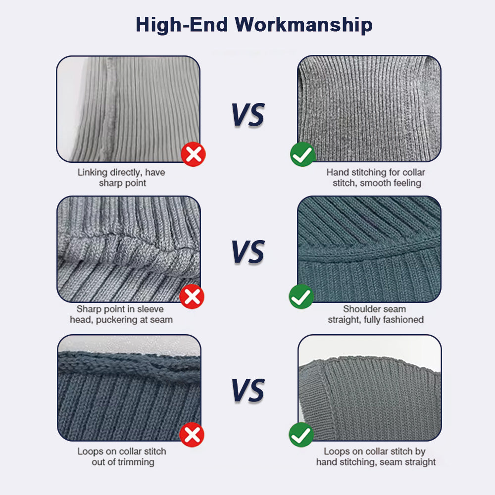 High-end craftsmanship for custom sweaters. Detailed comparison between standard and premium sweater manufacturing, showcasing precision stitching, smooth collar construction, and high-quality seam finishing. As a trusted custom sweater manufacturer, we focus on impeccable workmanship to elevate your brand