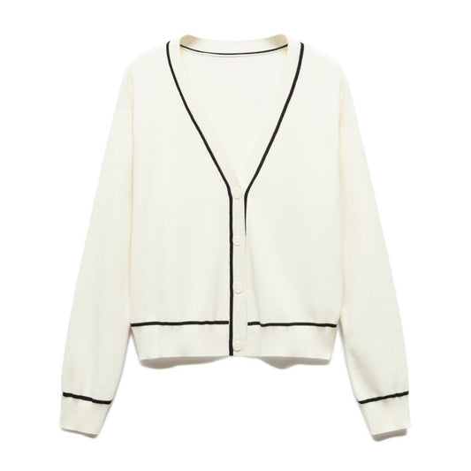 Elegant and versatile white knit cardigan with black trim, ideal for pairing with various outfits for both casual and formal occasions.