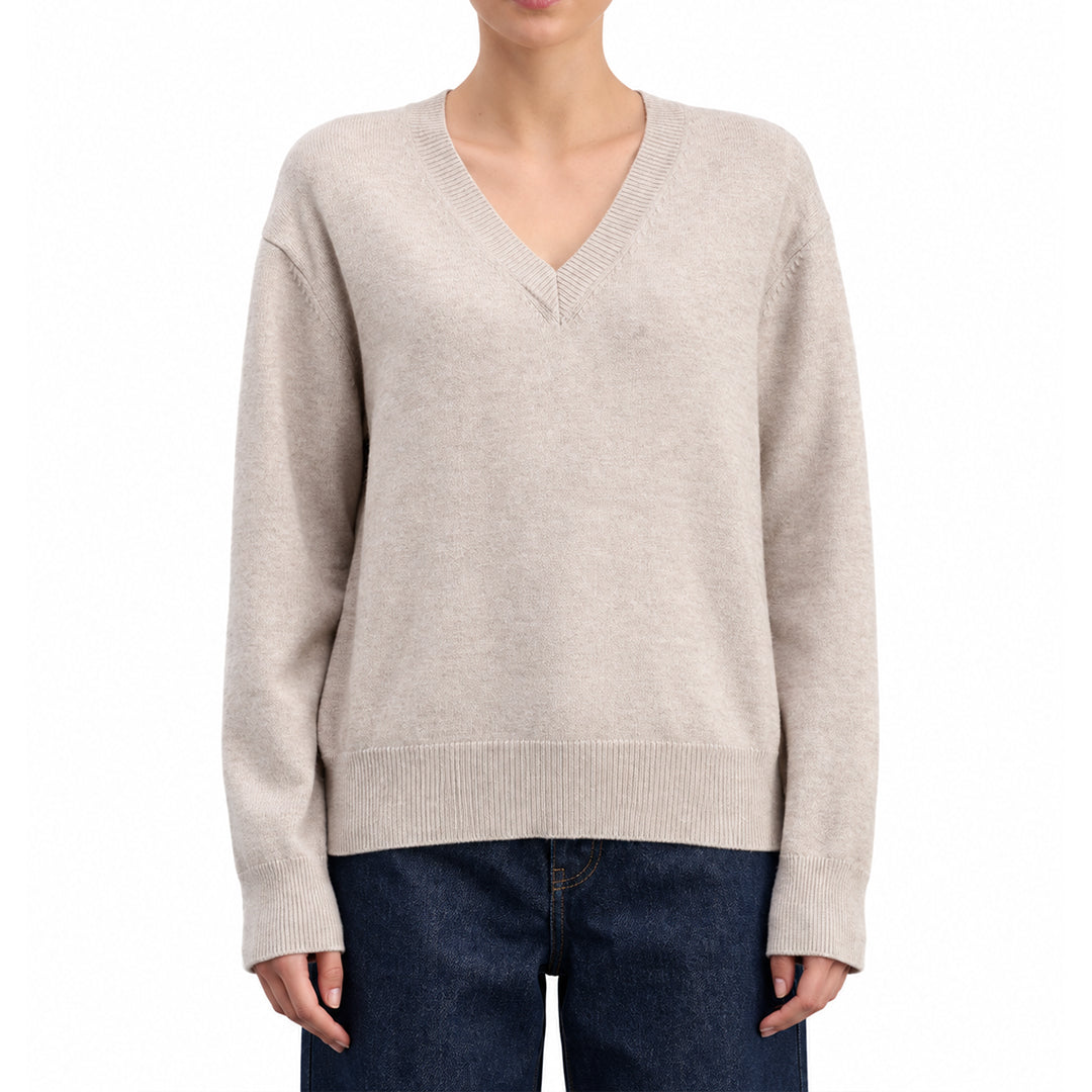 Women's beige V-neck knit pullover front view
