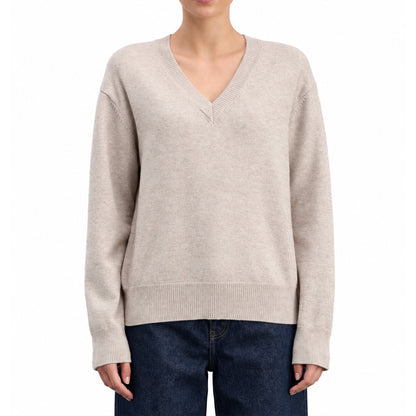 Women's beige V-neck knit pullover front view