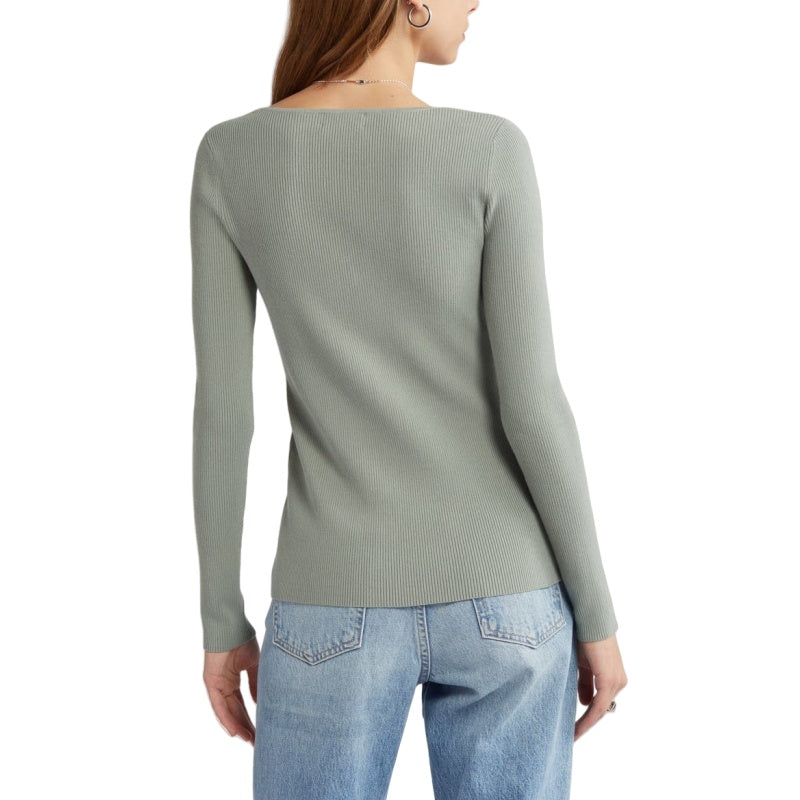 Custom women mature V-neck sweater in light grey, showcasing the ribbed knit pattern.