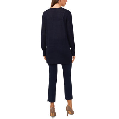 Custom OEM/ODM cashmere sweater in navy blue, highlighting the longline design and smooth finish.