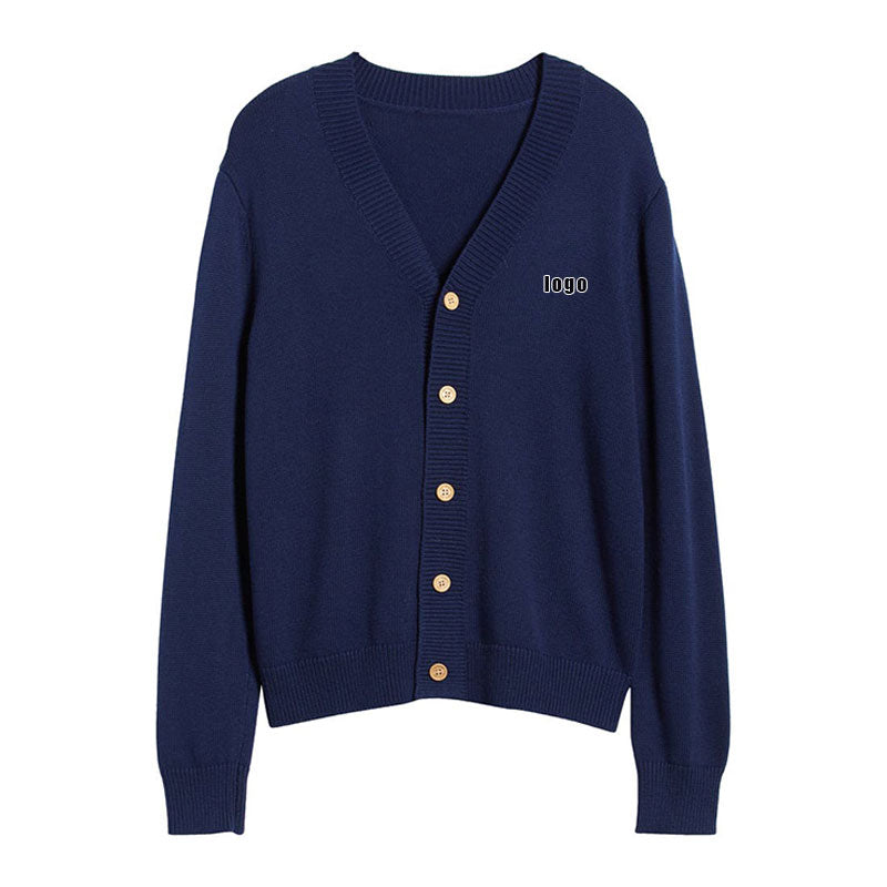 Front view of a custom cashmere cardigan with logo, featuring a navy blue color and wooden buttons.