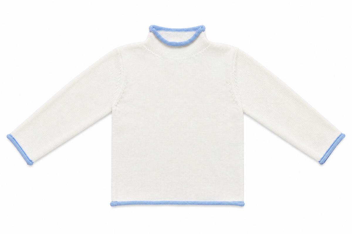 Ivory kids' knit pullover with blue contrast trim.