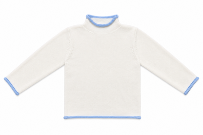 Ivory kids' knit pullover with blue contrast trim.