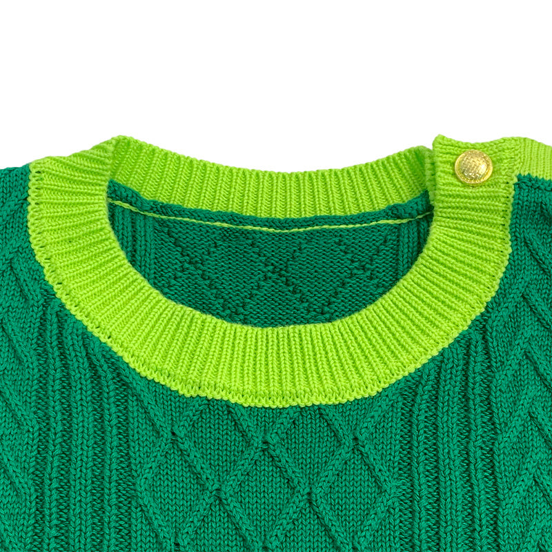 Close-up of knit sweater collar with button accents – highlighting custom detailing options for Greek sweaters