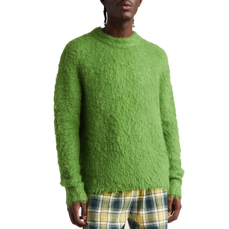 Front view of a model wearing a custom green acrylic mohair knit sweater.