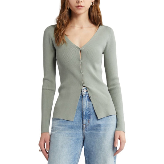 Custom women mature V-neck sweater in light grey, featuring a ribbed knit pattern and button-up front.