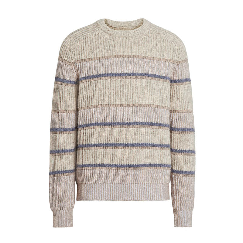 Front view of custom cashmere striped knit pullover sweater in beige and grey