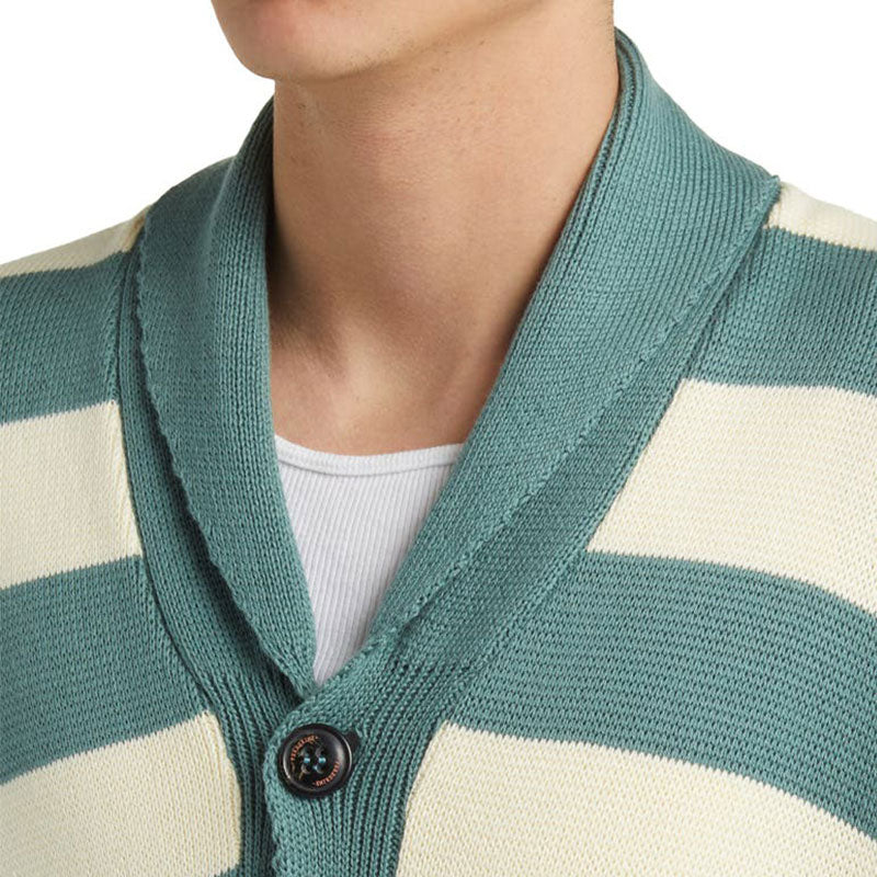 Close-up of the upper part of a custom stripe cardigan, featuring a turn-down collar and green and cream stripes.