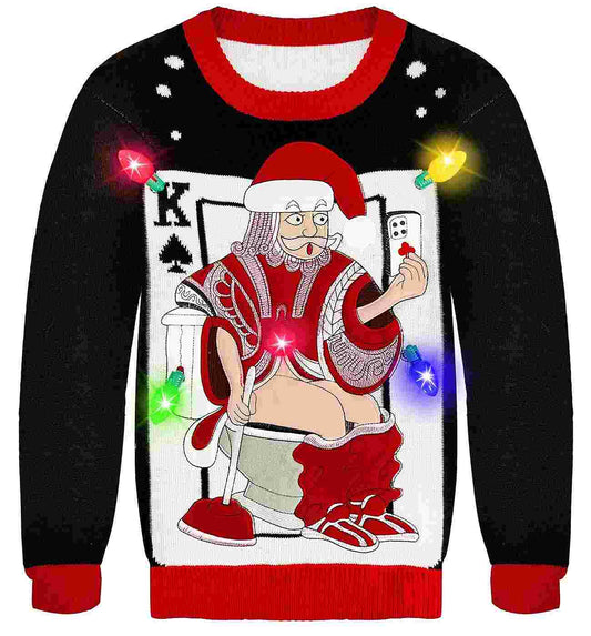 Custom-made Christmas sweater with King of Hearts design, 50% cotton 50% acrylic, twinkling holiday lights detai