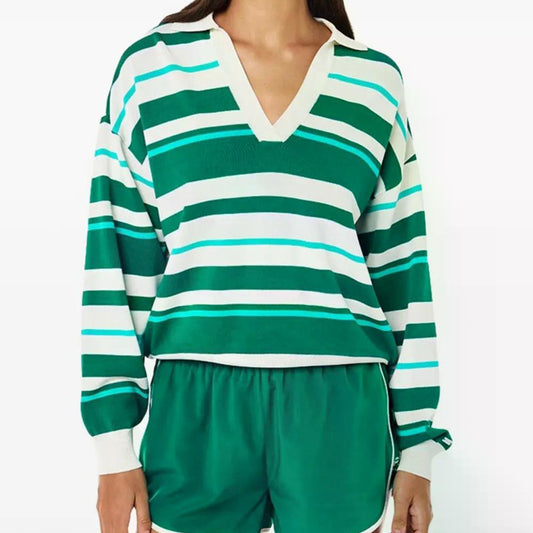 Green, white and aqua striped cropped polo sweater with a white V-neck collar and ribbed cuffs.