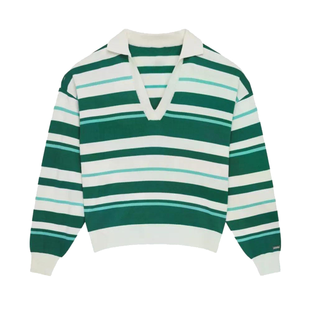 Green, white and aqua striped long-sleeve polo sweater with a white V-neck collar and ribbed cuffs.