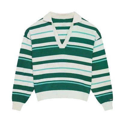 Green, white and aqua striped long-sleeve polo sweater with a white V-neck collar and ribbed cuffs.