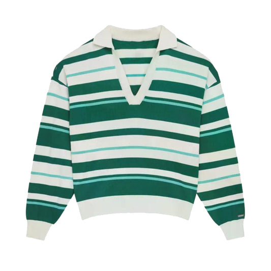 Green, white and aqua striped long-sleeve polo sweater with a white V-neck collar and ribbed cuffs.