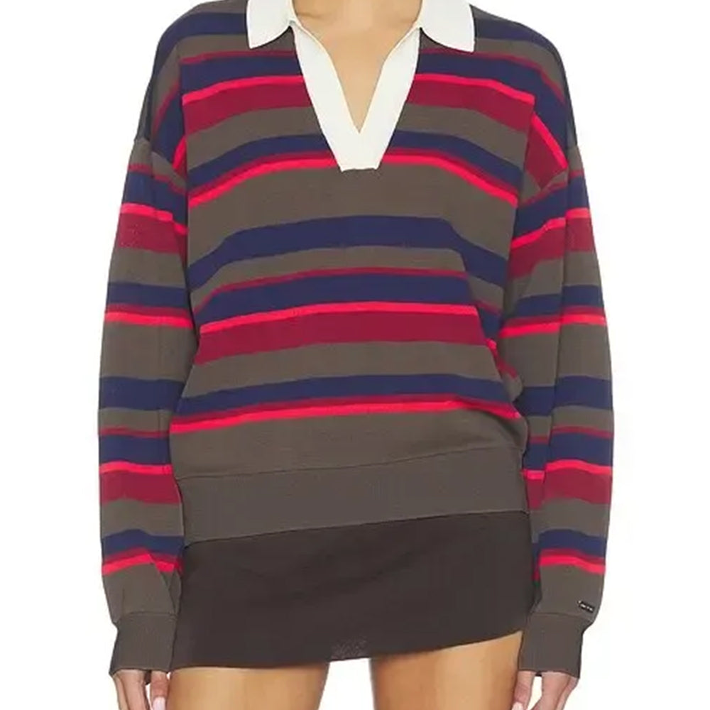 Charcoal striped polo sweater with navy, burgundy and bright pink stripes and a white V-neck collar.