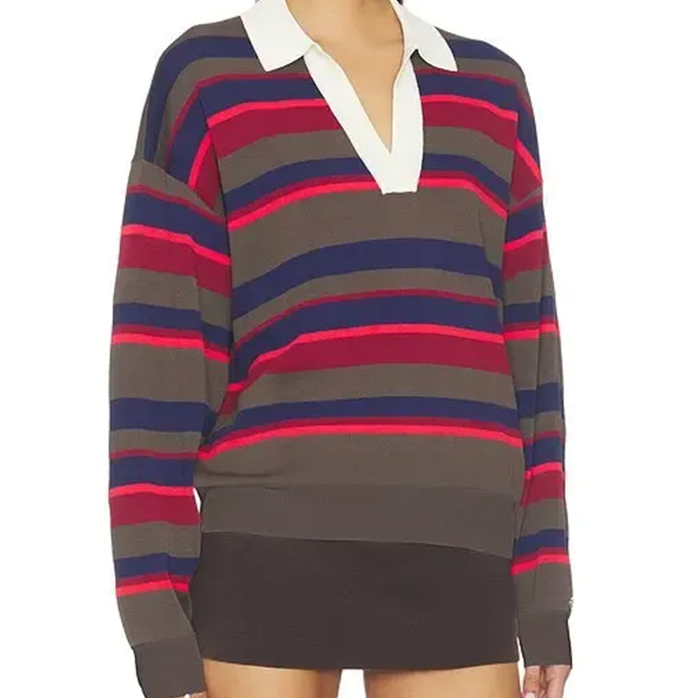 Close front view of a charcoal striped polo sweater with a white V-neck collar and ribbed hem.