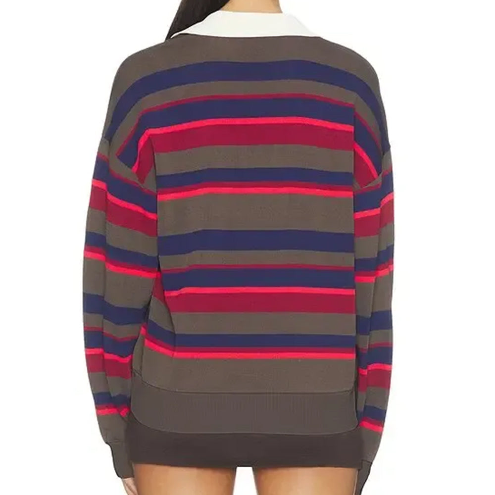 Back view of a charcoal long-sleeve polo sweater with navy, burgundy and bright pink horizontal stripes.