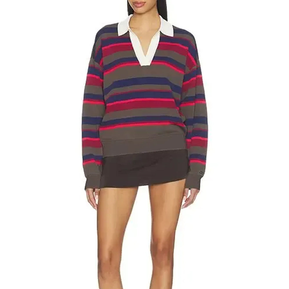 Front view of a relaxed charcoal striped polo sweater with long sleeves and a white V-neck collar.