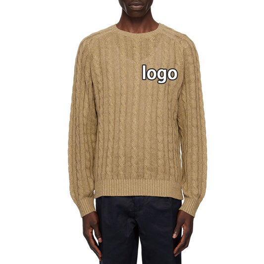 Custom khaki cable knit sweater with logo, made from 100% cotton, worn by a model, front view.