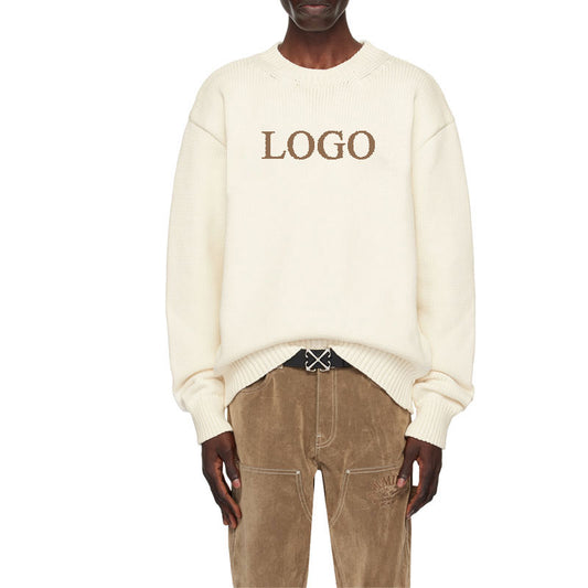 Front view of a custom off-white cashmere knit sweater with 'Logo' text displayed on the chest, highlighting the minimalist design.