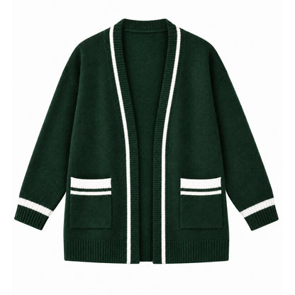 Forest green open-front knit cardigan with white striped trim and ribbed cuffs