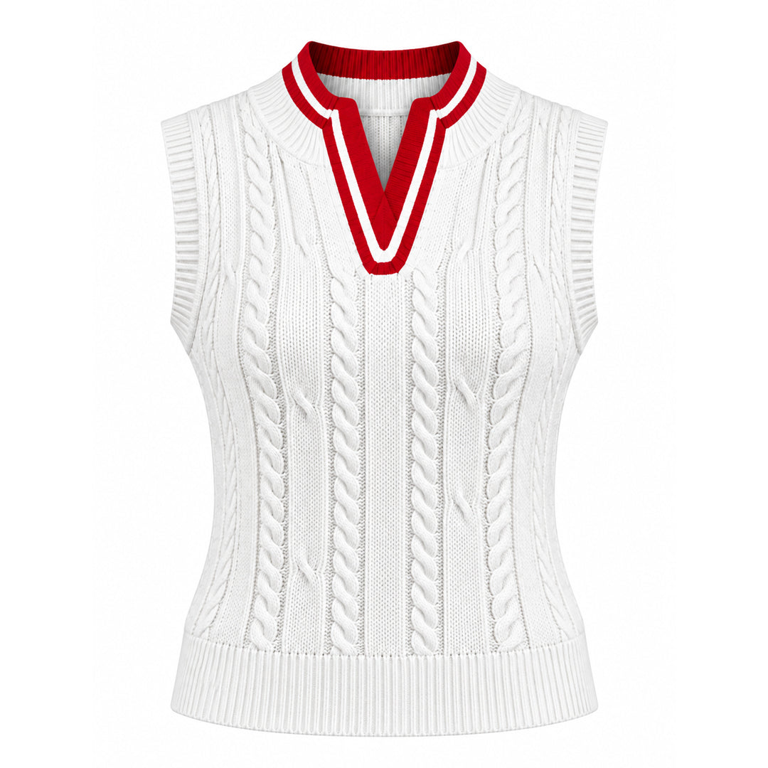 White sleeveless cable knit sweater vest with red V-neck and armhole trim
