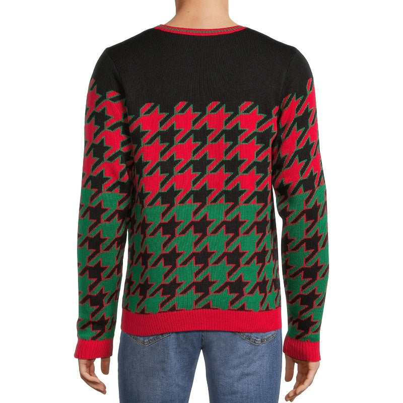 Back view of a person wearing a custom pet cat knit sweater with a festive red, green, and black houndstooth pattern.