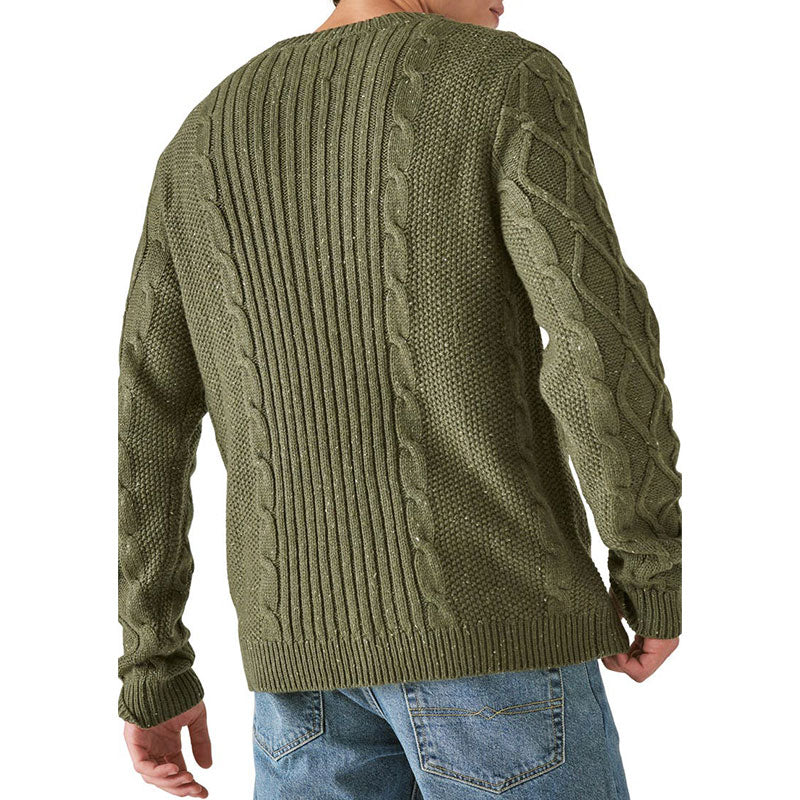 Back view of a man wearing an olive green wool blend cable knit pullover sweater, highlighting the detailed cable knit patterns and fit.