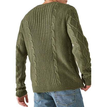 Back view of a man wearing an olive green wool blend cable knit pullover sweater, highlighting the detailed cable knit patterns and fit.