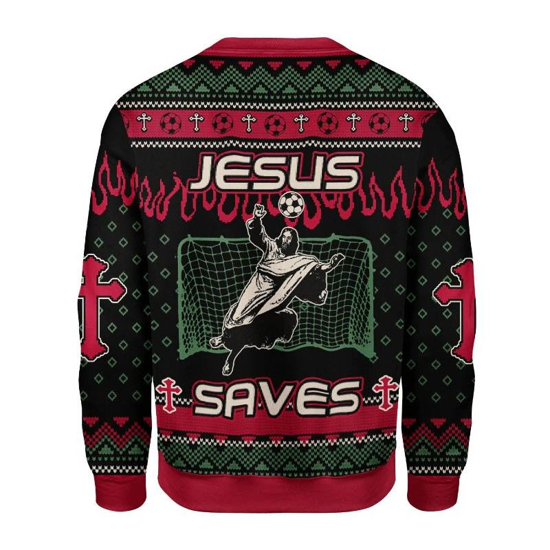 Custom 100% Cotton Christmas Sweater with Soccer Goalkeeper Jesus Saves Design