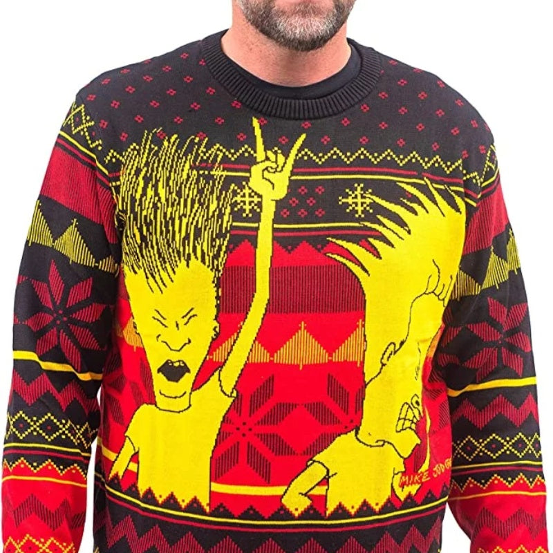 Front view of a man wearing a luxurious cashmere pullover sweater featuring a festive Beavis and Butt-Head design in red, yellow, and black.