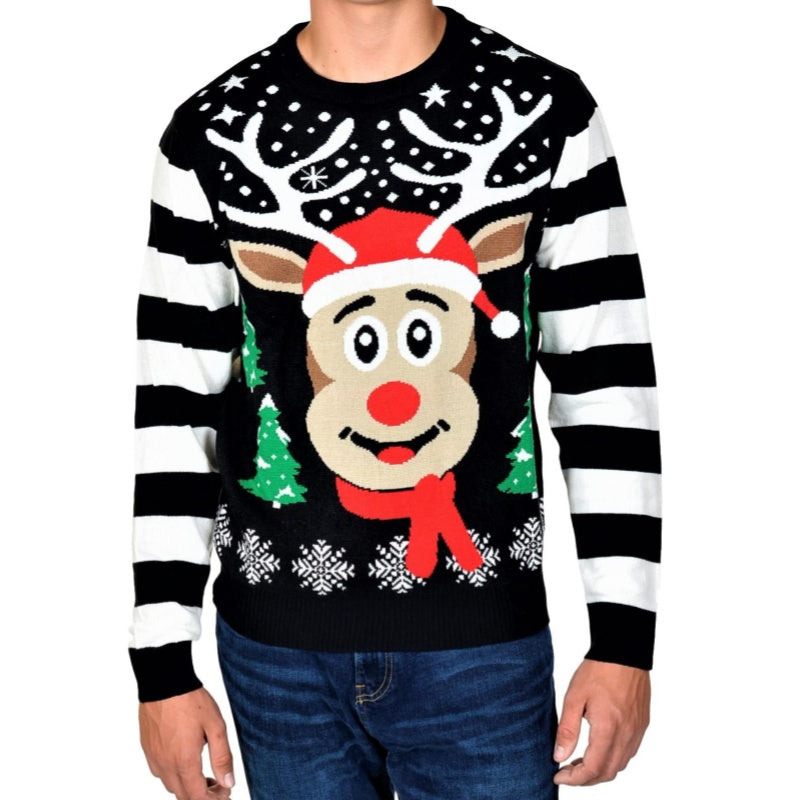 Front view of a man wearing a black and white striped sweater with a festive reindeer design, featuring a reindeer face with a Santa hat and scarf, snowflakes, and Christmas trees.
