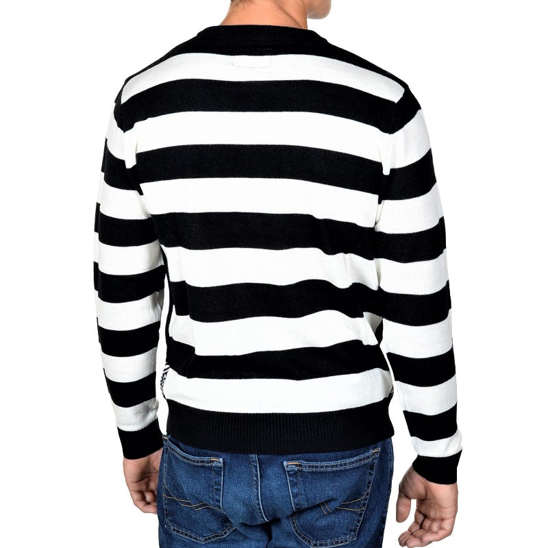 Back view of a man wearing a black and white striped sweater, showcasing the classic stripe pattern without any additional design elements.