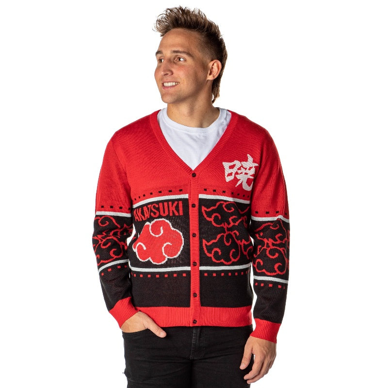Front view of a man wearing a red and black cardigan sweater with an Akatsuki design inspired by the Naruto series.