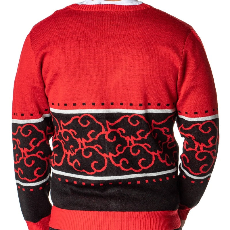 Back view of a man wearing a red and black cardigan sweater with an Akatsuki design pattern inspired by the Naruto series.