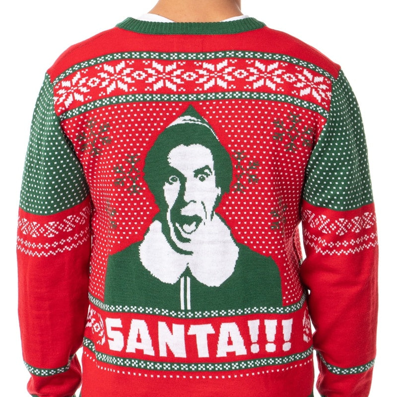 Back view of a man wearing a red and green cotton Christmas sweater with an image of Buddy the Elf and the word 'SANTA!!!' from the movie 'Elf.