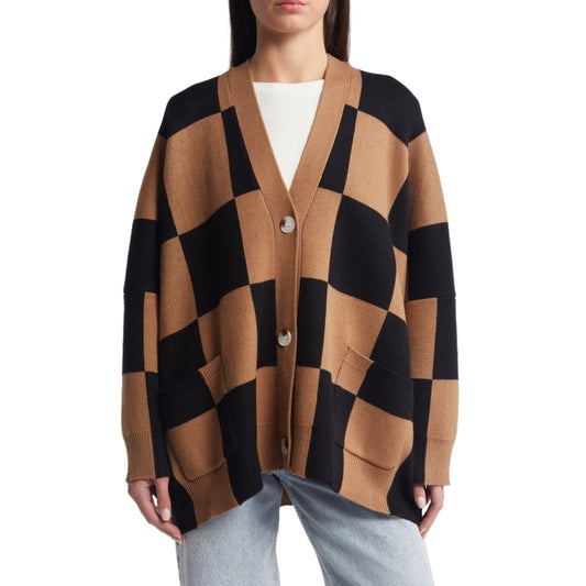 Front view of a custom 100% cotton women knit sweater with a black and brown checkerboard pattern, featuring a button-up front and two pockets.
