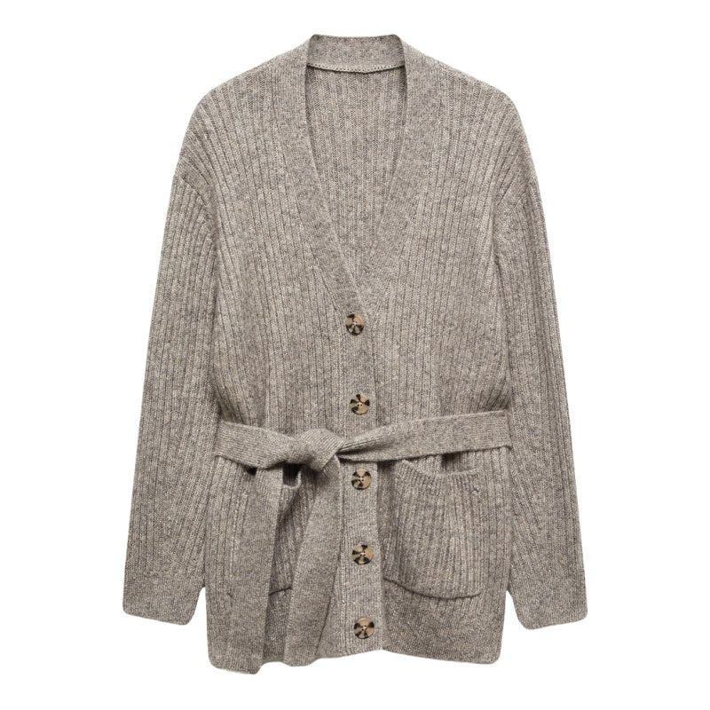 Detailed product image of a grey cotton knit cardigan, showcasing the ribbed texture and buttoned design with a tied waist belt.