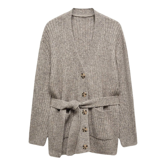 Detailed product image of a grey cotton knit cardigan, showcasing the ribbed texture and buttoned design with a tied waist belt.