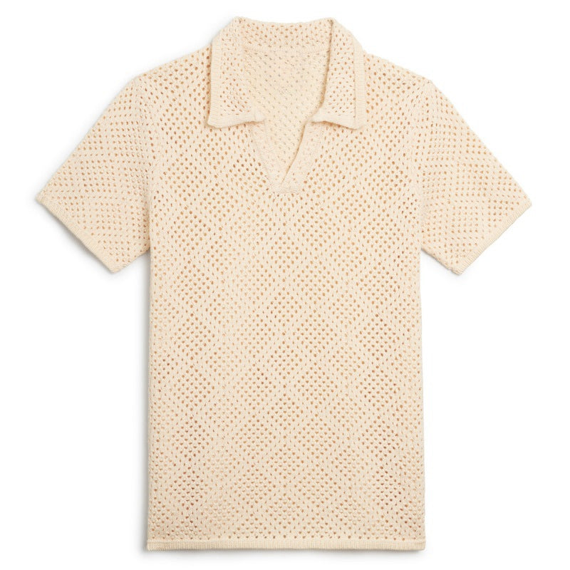 Custom 100% cotton crochet knit men's polo shirt displayed flat