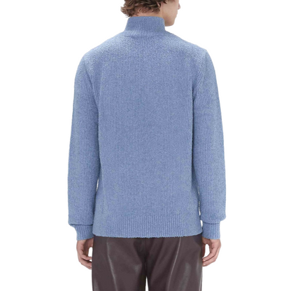 Back view of a custom blue zipper sweater, showcasing the high collar and ribbed texture, suitable for OEM/ODM manufacturing.